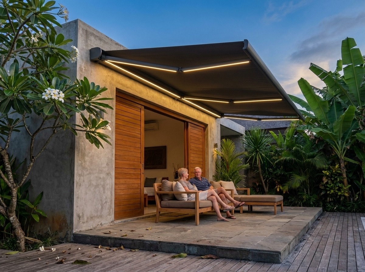 Electric retractable awning shading a patio lounge in the afternoon sun