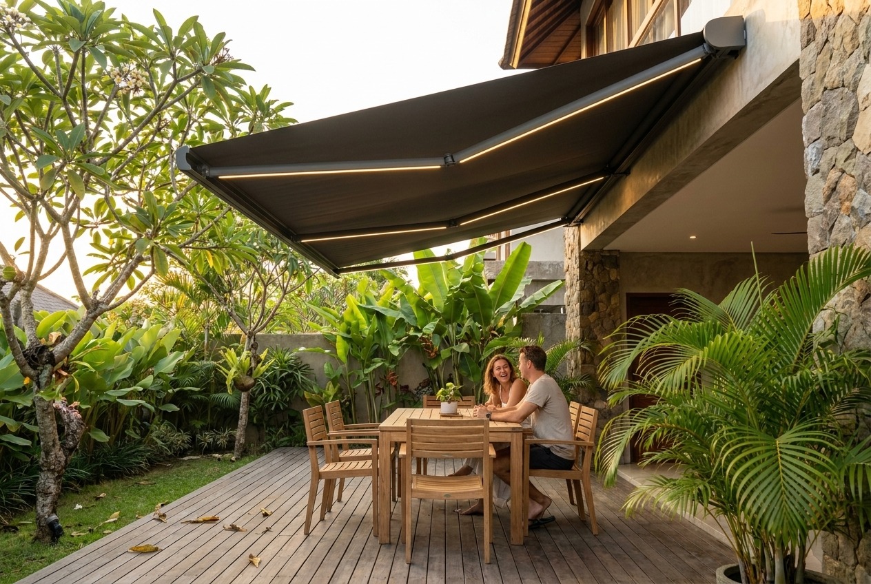 Retractable awning extended over a timber deck