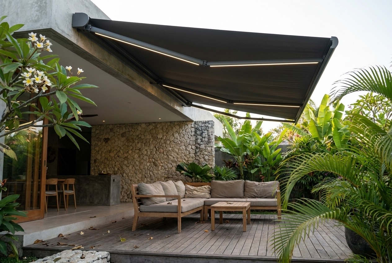 Awning shading an outdoor lounge on a brick home