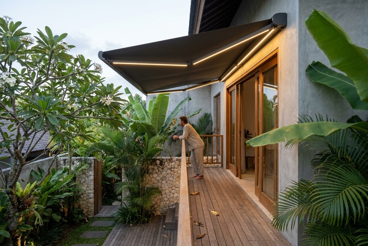 Awning mounted on a modern two-storey facade