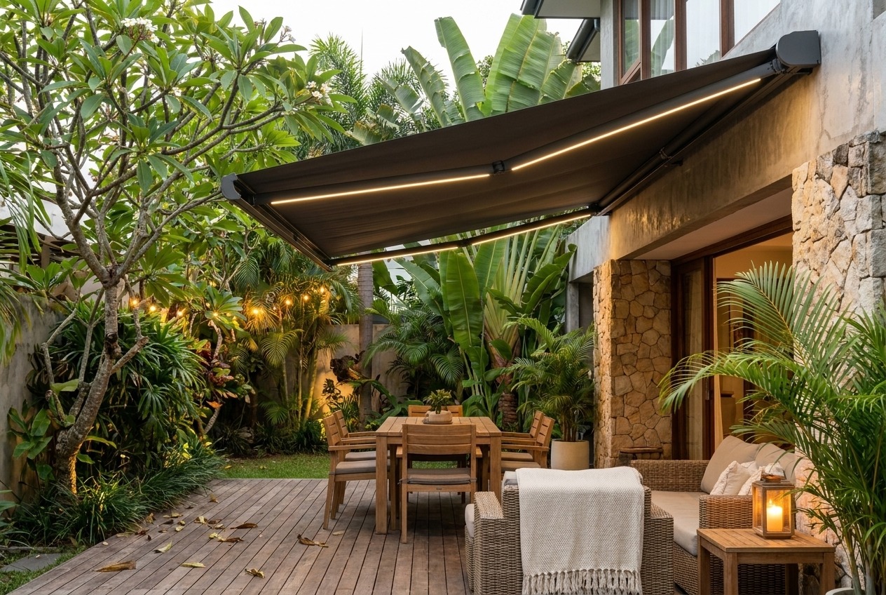 Awning with integrated LED lighting at dusk