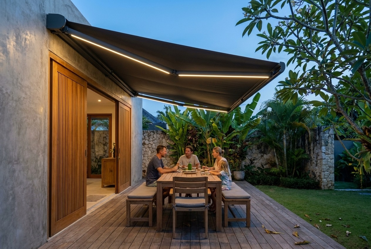 Navy awning shading a rear patio and dining area