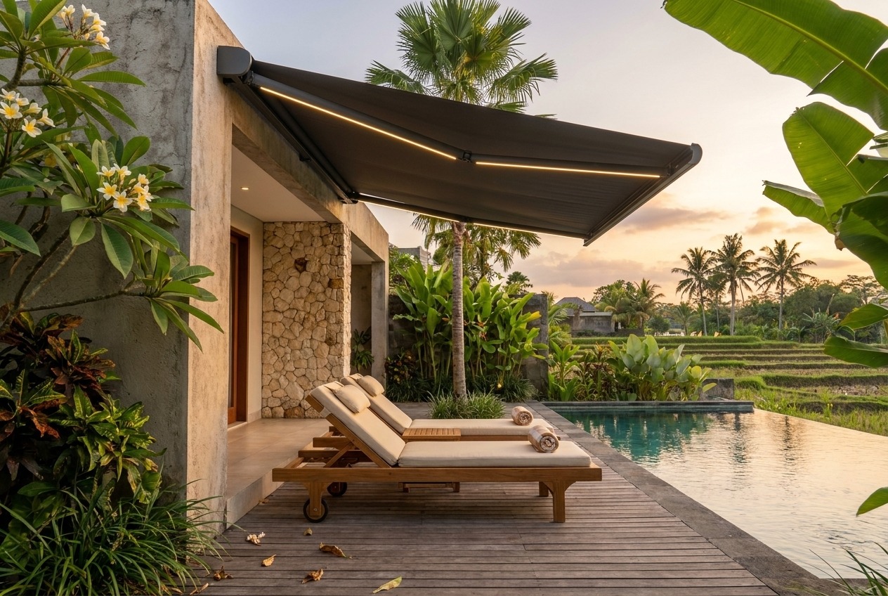 Awning shading a poolside patio