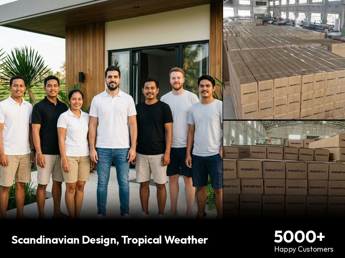 Mansahaus awning extended over a patio, and finished units crated for dispatch